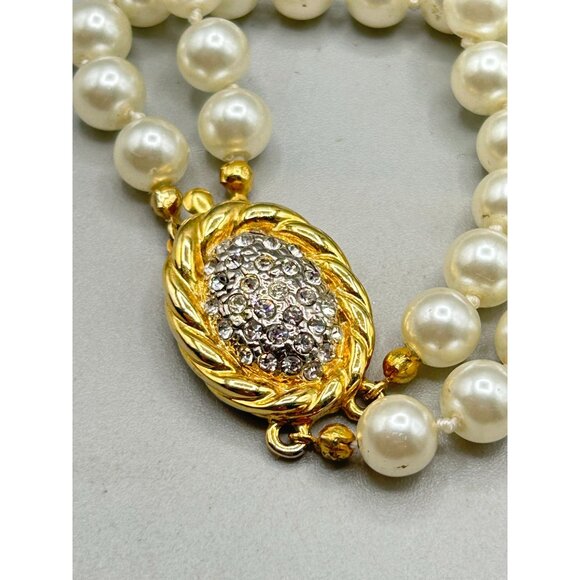 Vintage Faux Pearls Bracelet Fancy Clasp Double Strand Hand Knotted Glass Pearls - Picture 4 of 7